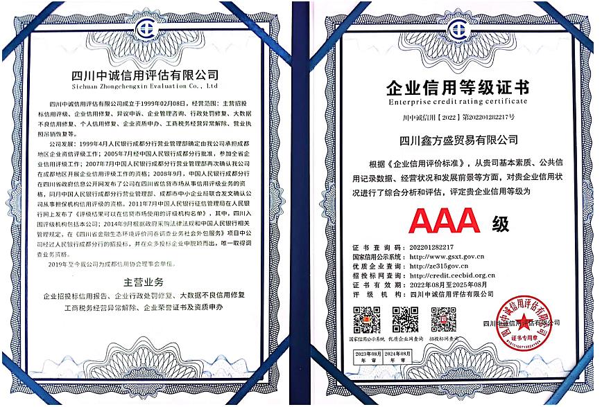 鑫方盛企業(yè)信用等級證書